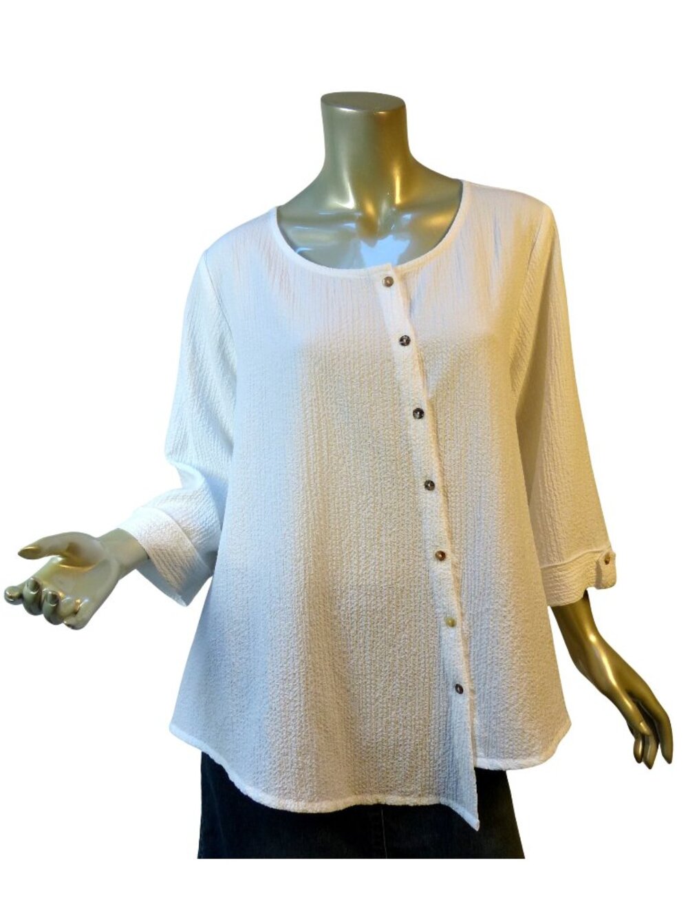 Moonlight by YS White Lagenlook Top Sz M Textured Asymmetric Vertical Buttons